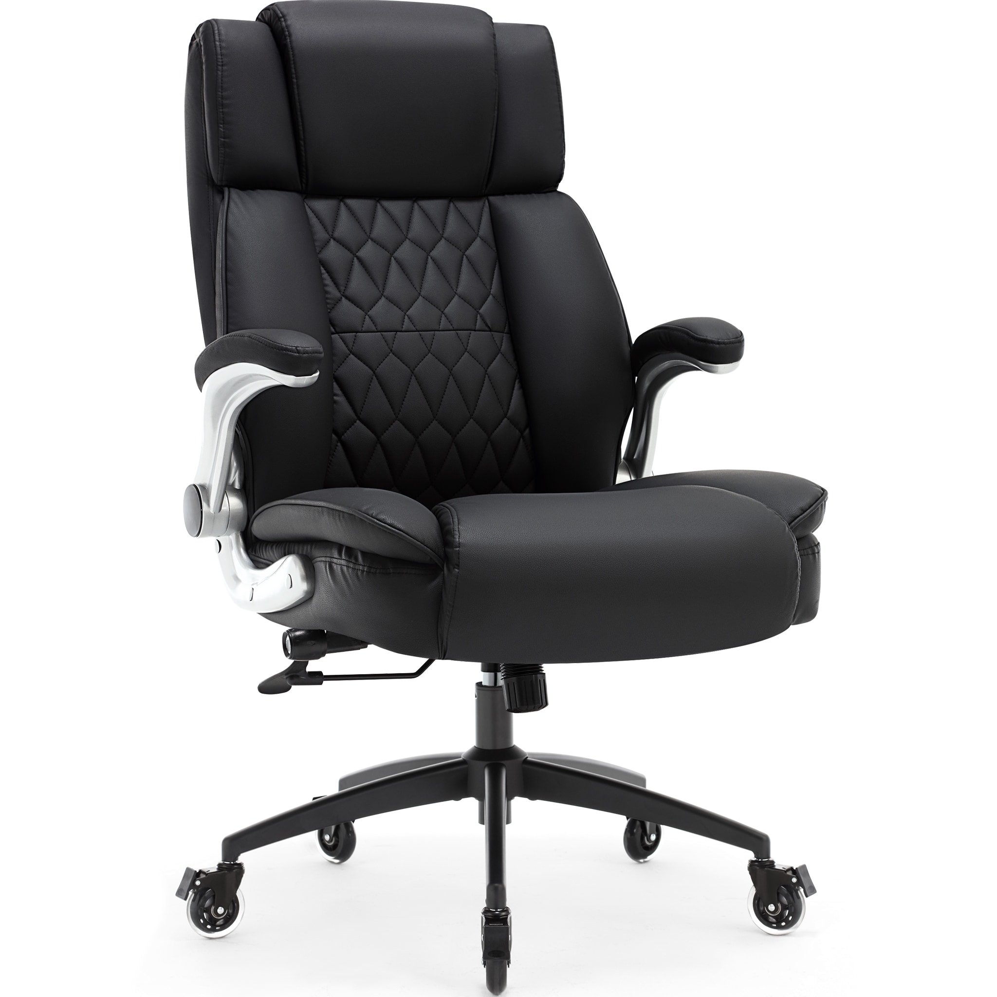 High Back Office Chair With Locking Wheels, Large Executive Desk Chair, Flip Arms Adjustable Lumbar Support, Ergonomic Synthetic Leather Computer Chair Prevents Cats Scratching, Thick Padded, Black_voghion.com